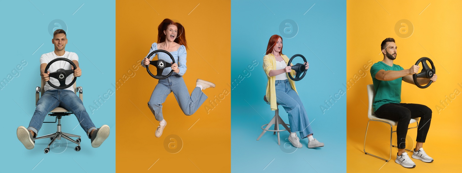 Image of Emotional people with steering wheels on different color backgrounds, collage. Banner design