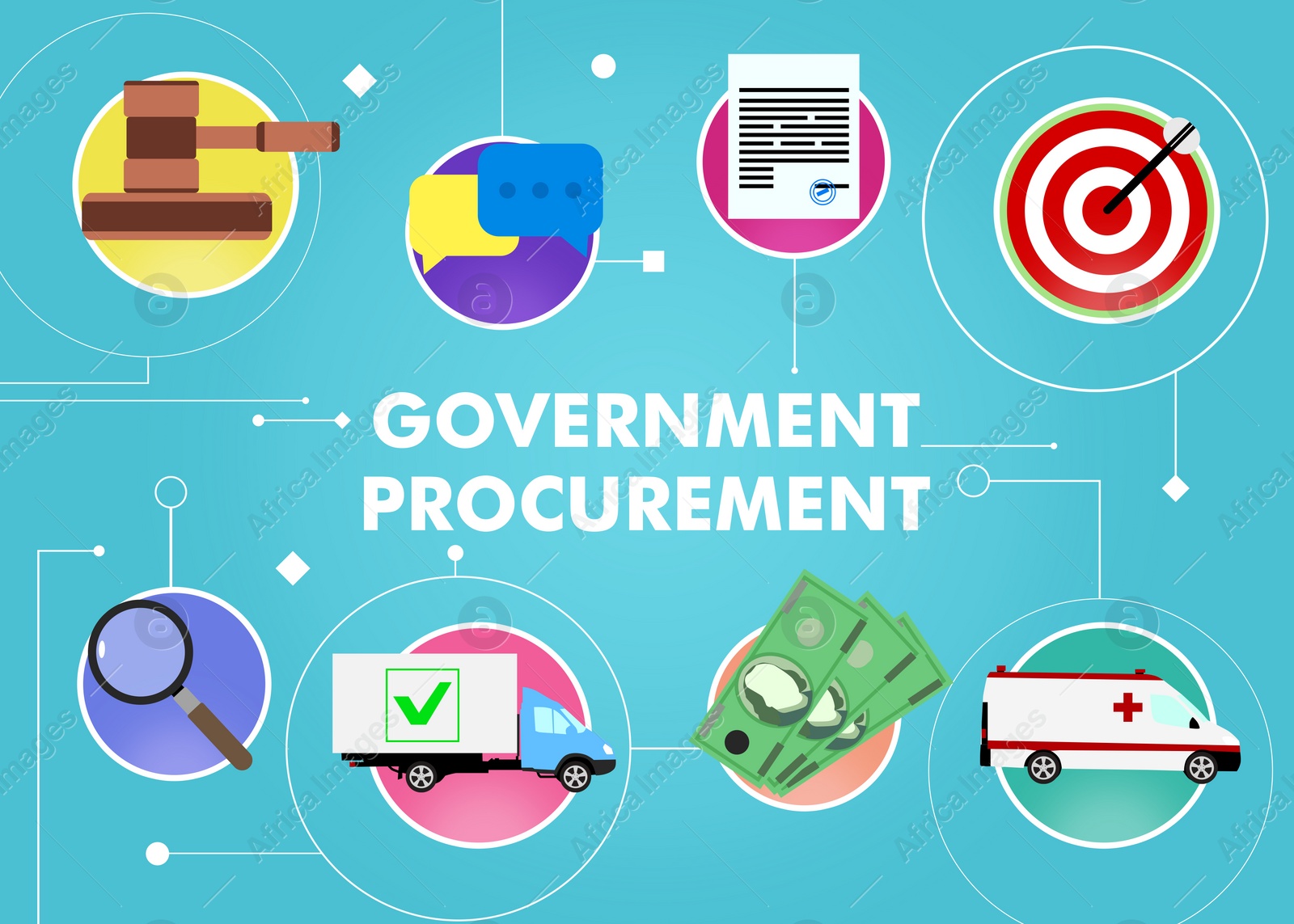 Illustration of Scheme with text Government Procurement and different icons on light blue background, illustration