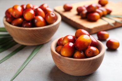 Image of Palm oil fruits in bowl on grey table, closeup