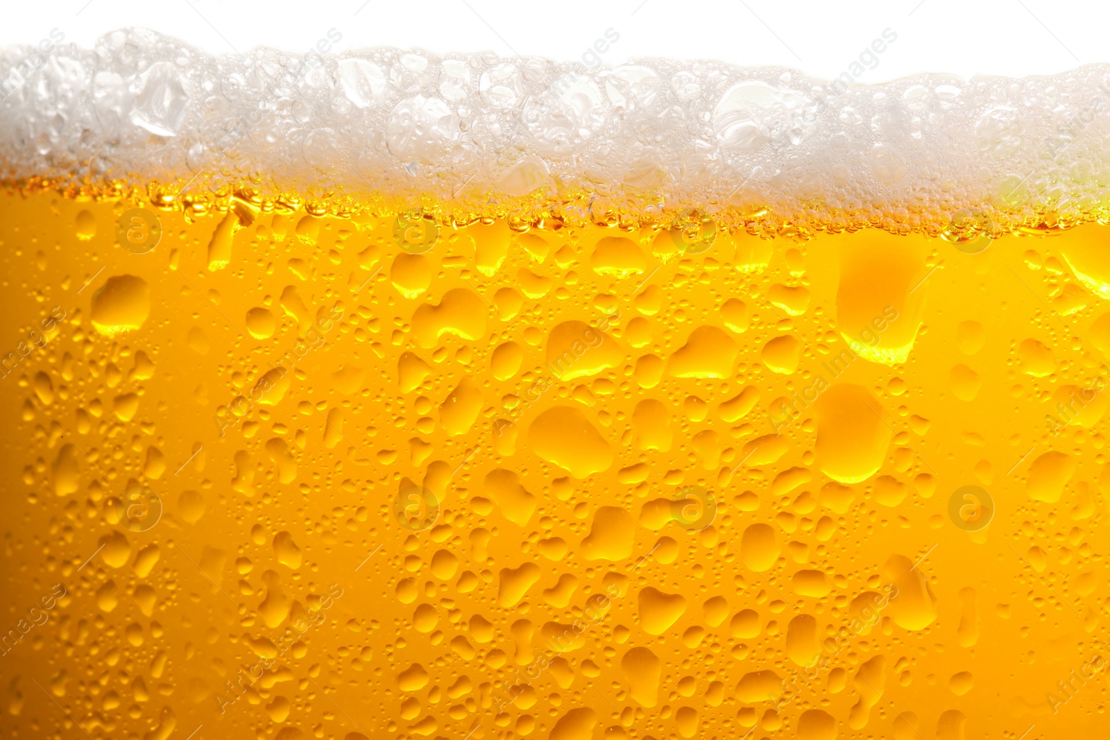 Photo of Glass of tasty cold beer with foam and condensation drops on white background, closeup