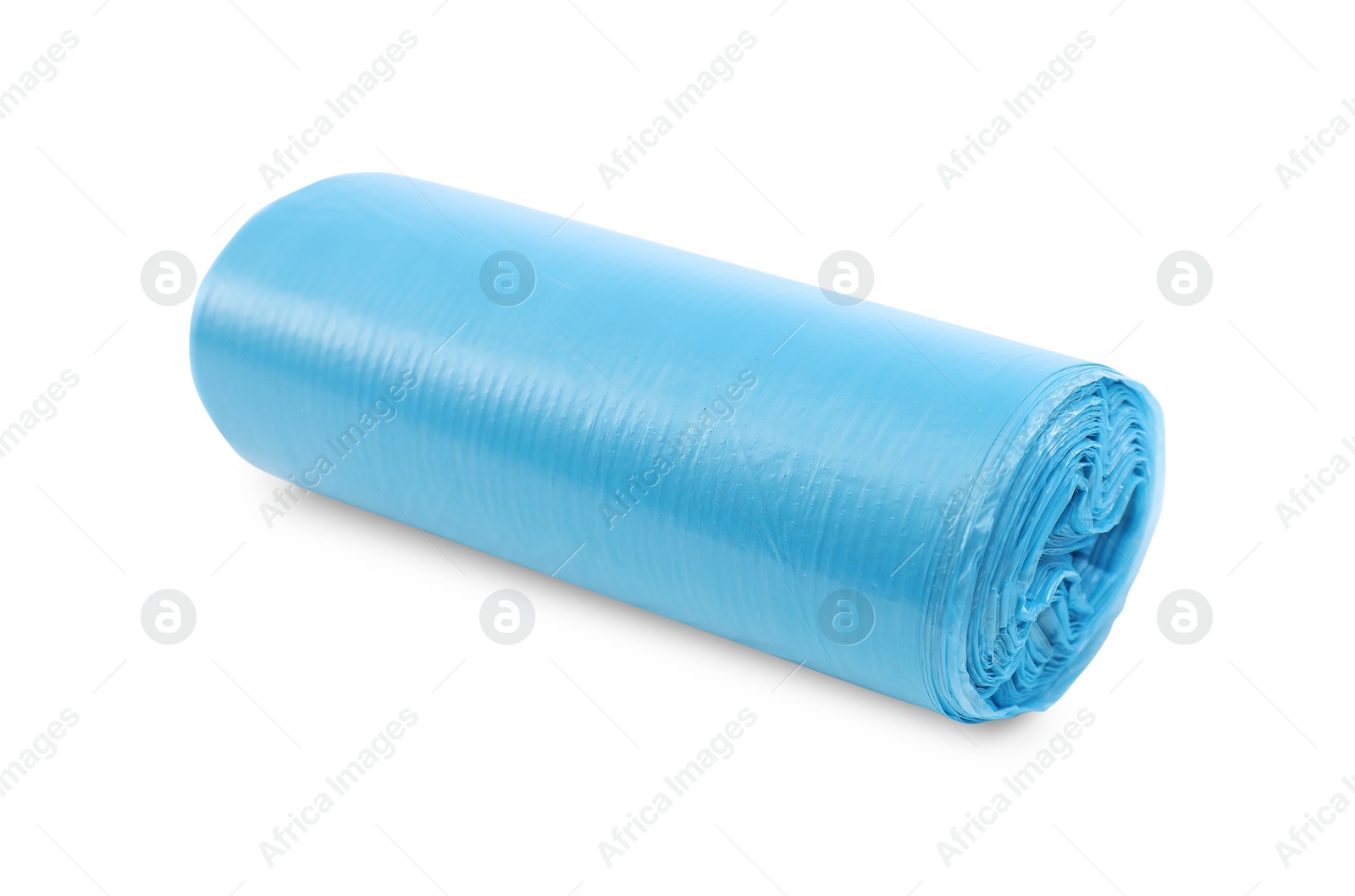 Photo of Roll of light blue garbage bags isolated on white