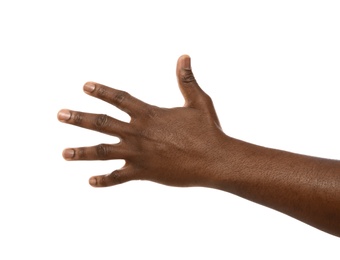 African-American man extending hand for shake on white background, closeup