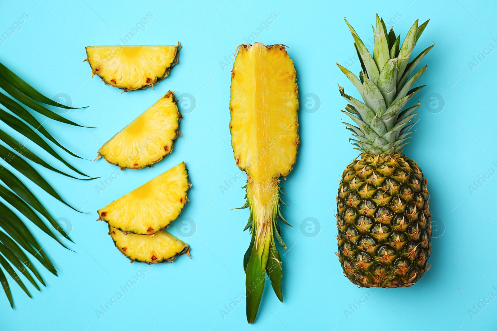 Photo of Fresh pineapples on color background, flat lay