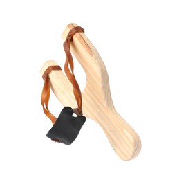 Photo of One wooden slingshot with leather pouch isolated on white