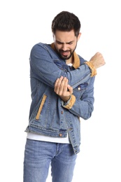 Photo of Man suffering from elbow pain on white background