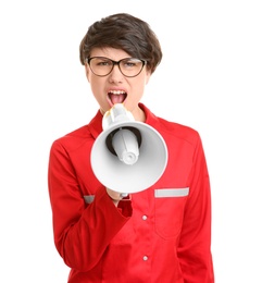 Photo of Young female doctor shouting into megaphone on white background