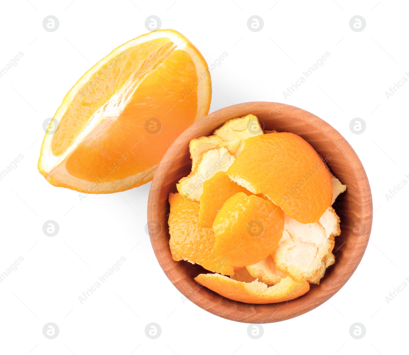 Photo of Orange peels preparing for drying and piece of fresh fruit isolated on white, top view