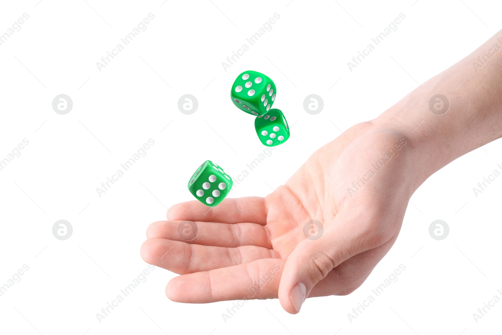 Image of Man throwing green dice on white background, closeup