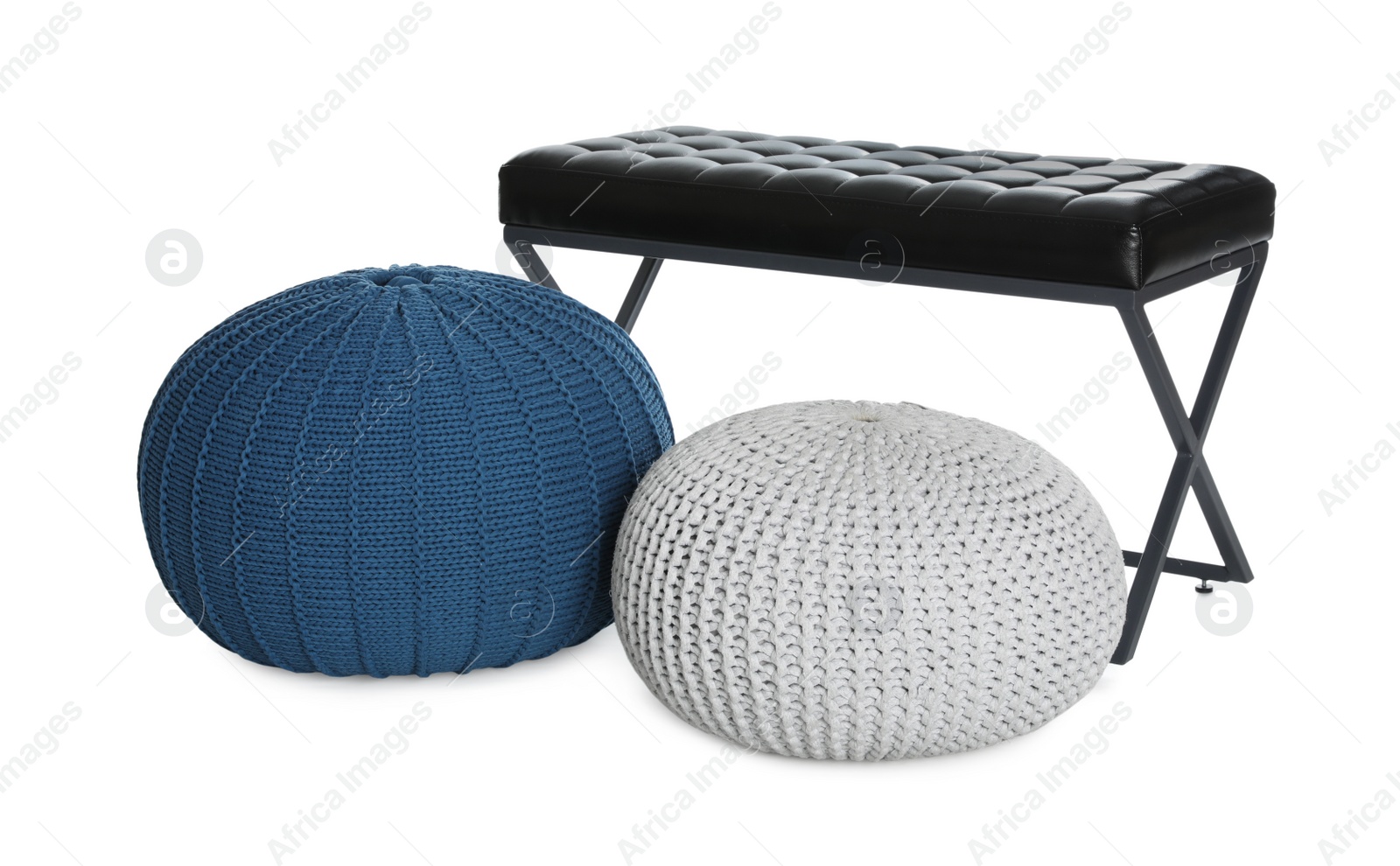 Photo of Different poufs and bench on white background. Home design