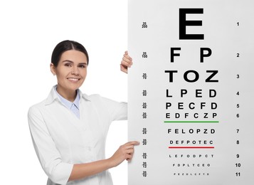 Ophthalmologist with vision test chart on white background