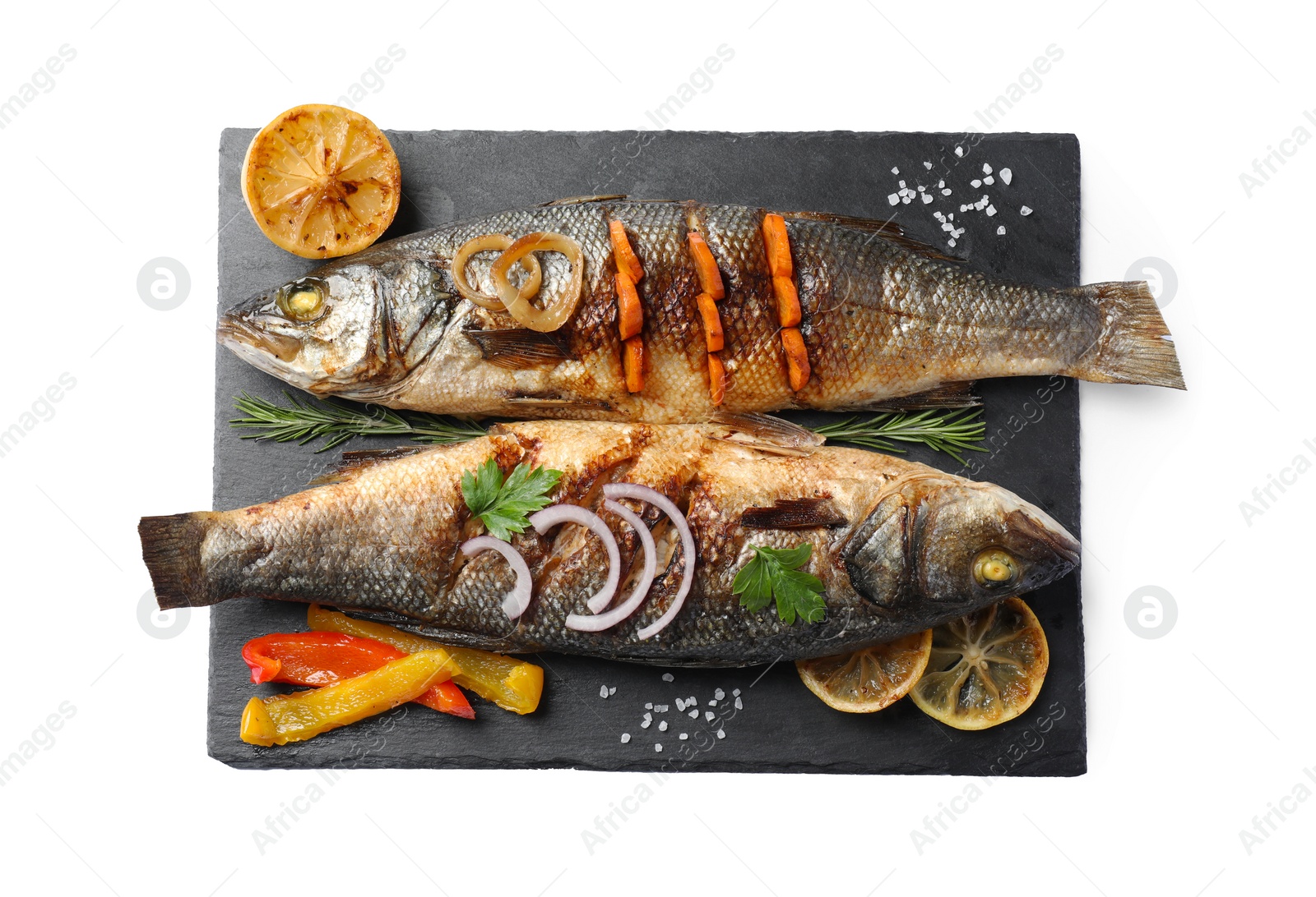 Photo of Delicious sea bass fish and ingredients isolated on white, top view