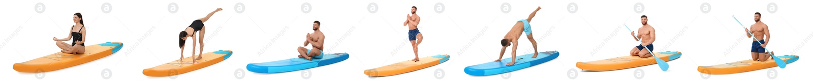 Image of Collage with photos of young man and woman practicing yoga on sup boards isolated on white