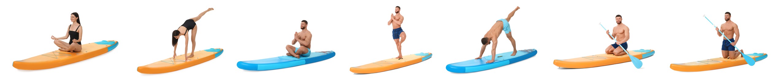 Collage with photos of young man and woman practicing yoga on sup boards isolated on white