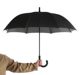 Photo of Woman with open black umbrella on white background, closeup