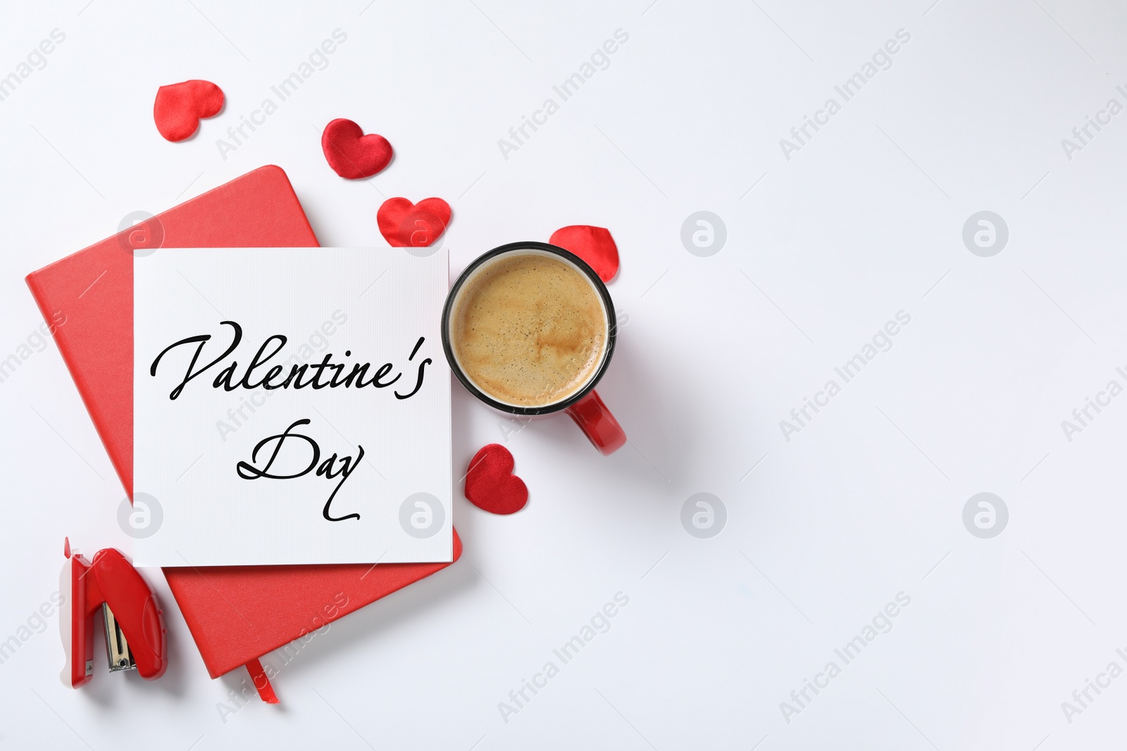 Image of Happy Valentine's Day. Flat lay composition with greeting card on white background, space for text