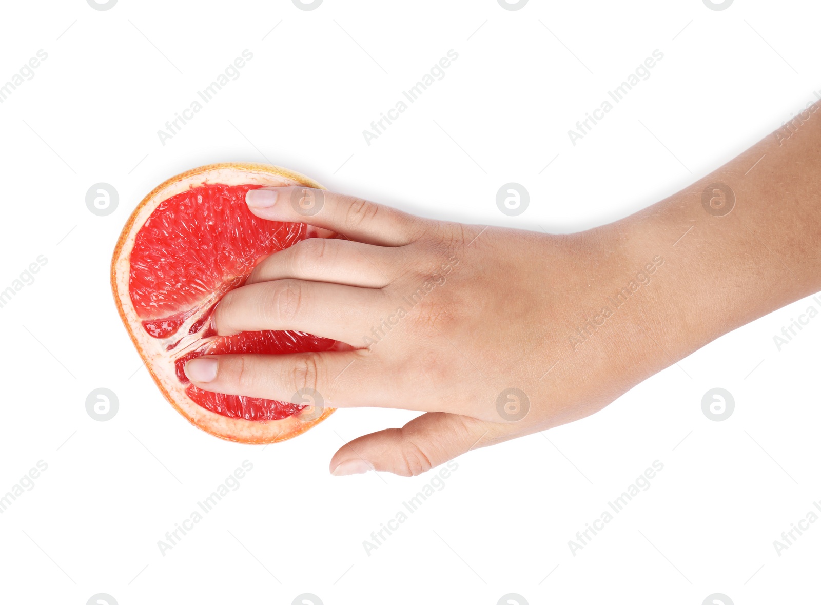 Photo of Young woman touching half of grapefruit on white background, top view. Sex concept