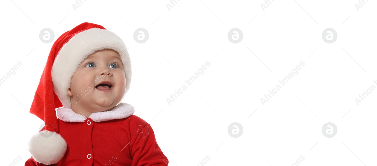 Image of Cute baby wearing Christmas costume on white background. Banner design