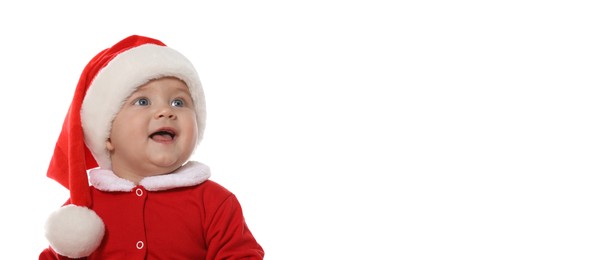 Cute baby wearing Christmas costume on white background. Banner design