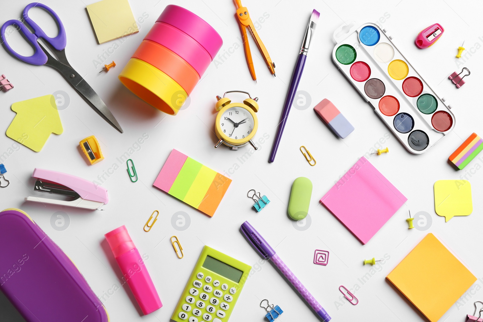 Photo of School stationery on white background, flat lay. Back to school