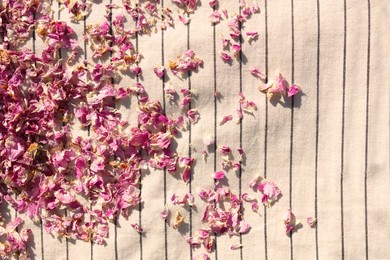 Photo of Scattered dried tea rose petals on striped fabric, top view