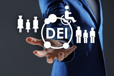 Image of Concept of DEI - Diversity, Equality, Inclusion. Businessman showing virtual image of people, person with disability and abbreviation