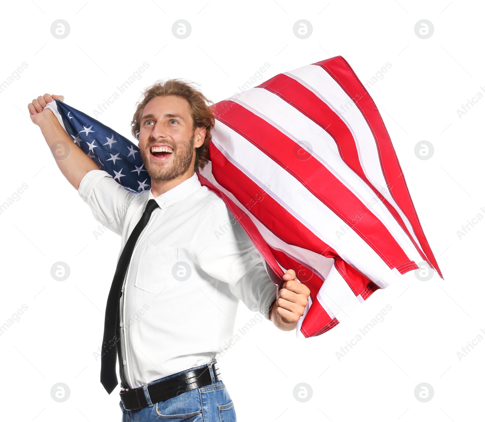 Photo of Young man with American flag on white background