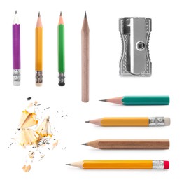 Image of Different graphite pencils, sharpener and shavings isolated on white, set