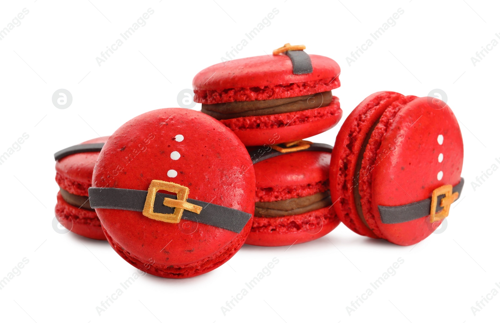 Photo of Pile of beautifully decorated Christmas macarons on white background