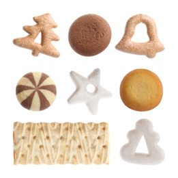 Image of Set of different delicious cookies on white background 