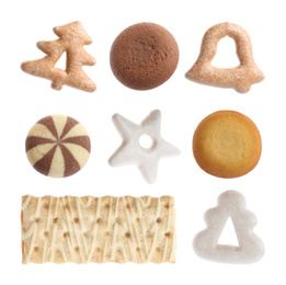 Set of different delicious cookies on white background 