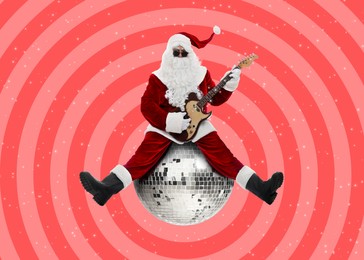 Image of Winter holidays bright artwork. Santa Claus playing guitar while sitting on shiny disco ball against color background, creative collage