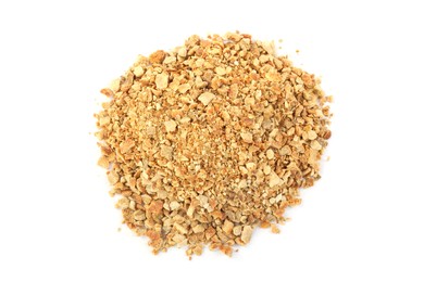 Pile of dried orange zest seasoning isolated on white, top view