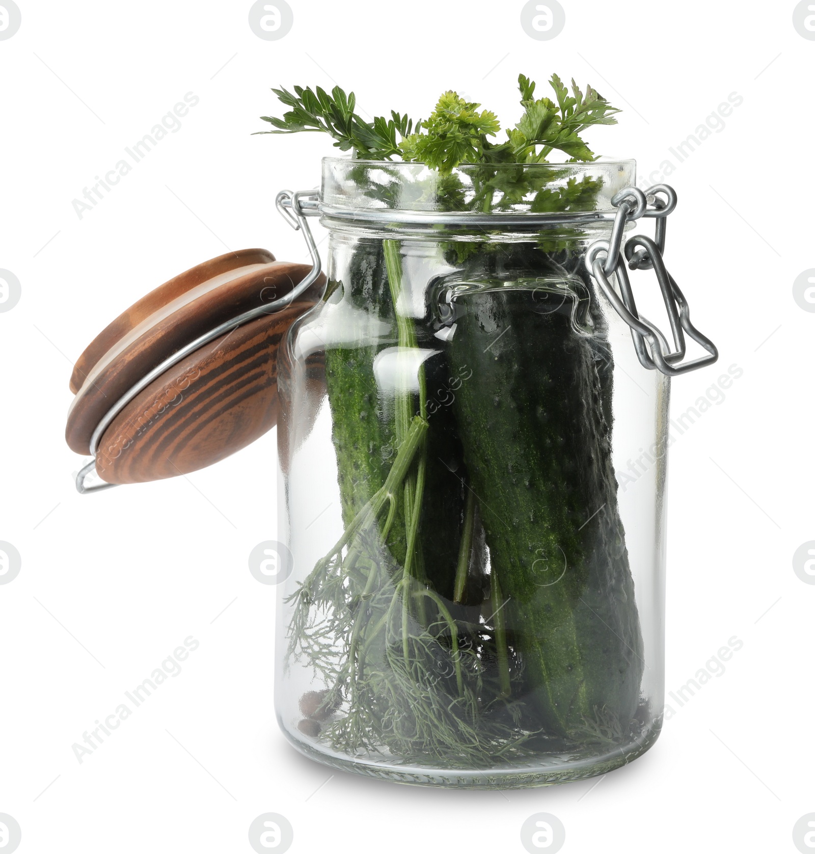 Photo of Pickling jar with fresh ripe cucumbers isolated on white