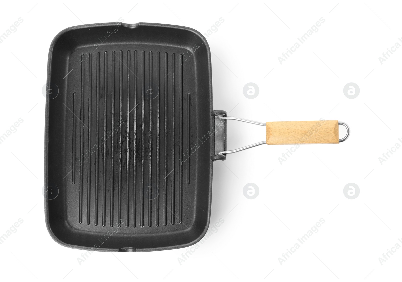 Photo of Modern grill frying pan isolated on white, top view. Cooking utensil