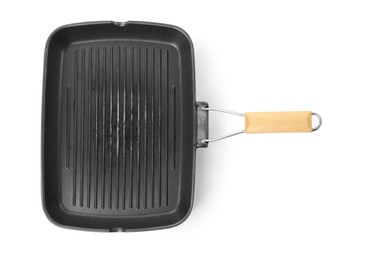 Photo of Modern grill frying pan isolated on white, top view. Cooking utensil