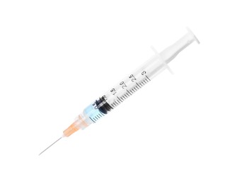 Disposable syringe with needle and medicine isolated on white