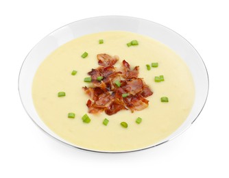 Photo of Tasty potato soup with bacon and green onion in bowl isolated on white