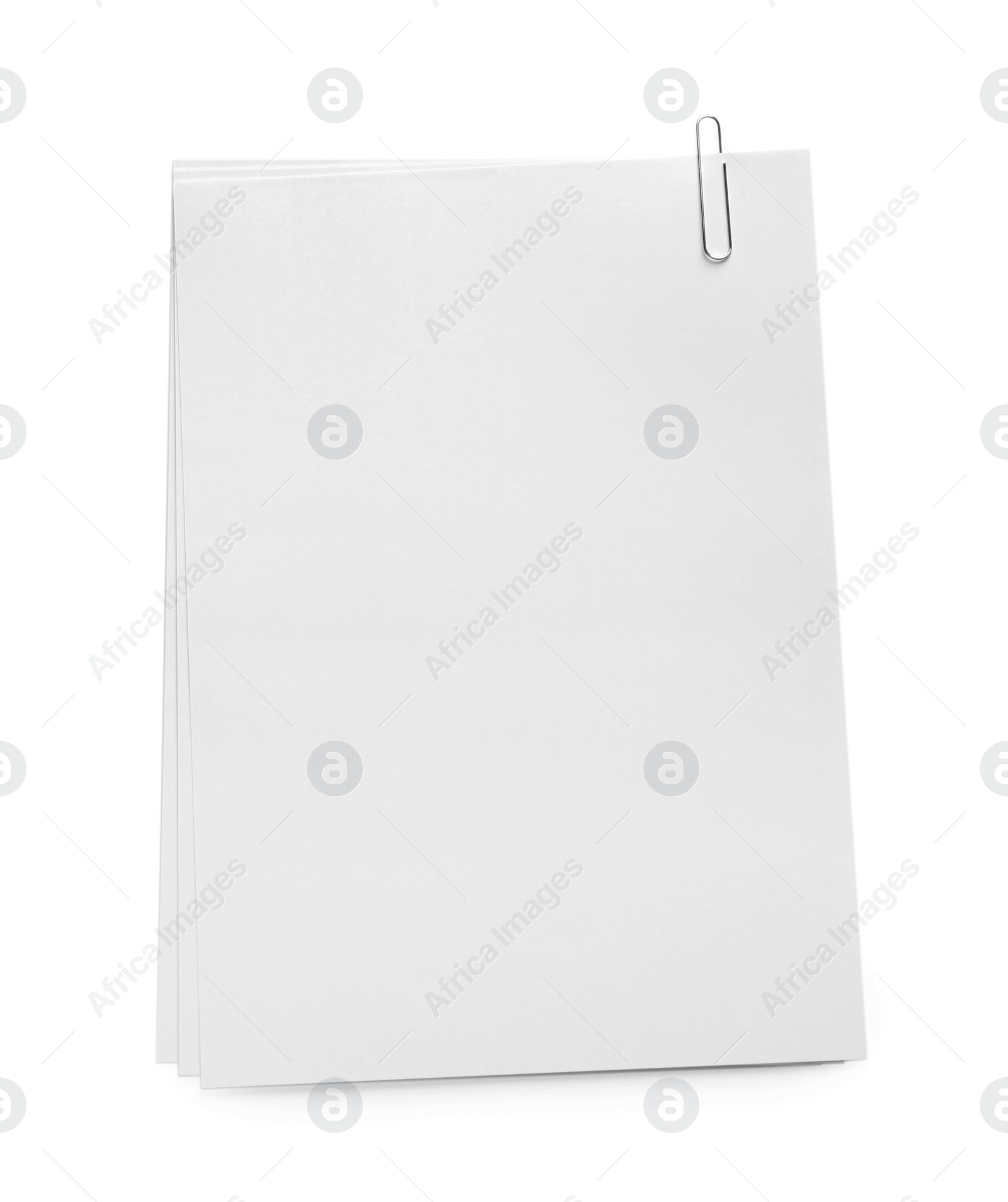 Photo of Blank sheets of paper with clip on white background, top view