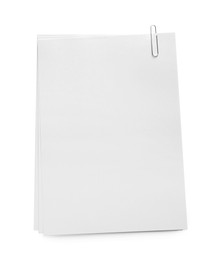 Photo of Blank sheets of paper with clip on white background, top view