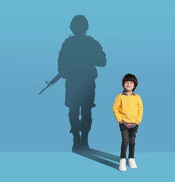 Image of Dream about future occupation. Little boy and silhouette of solider on light blue background