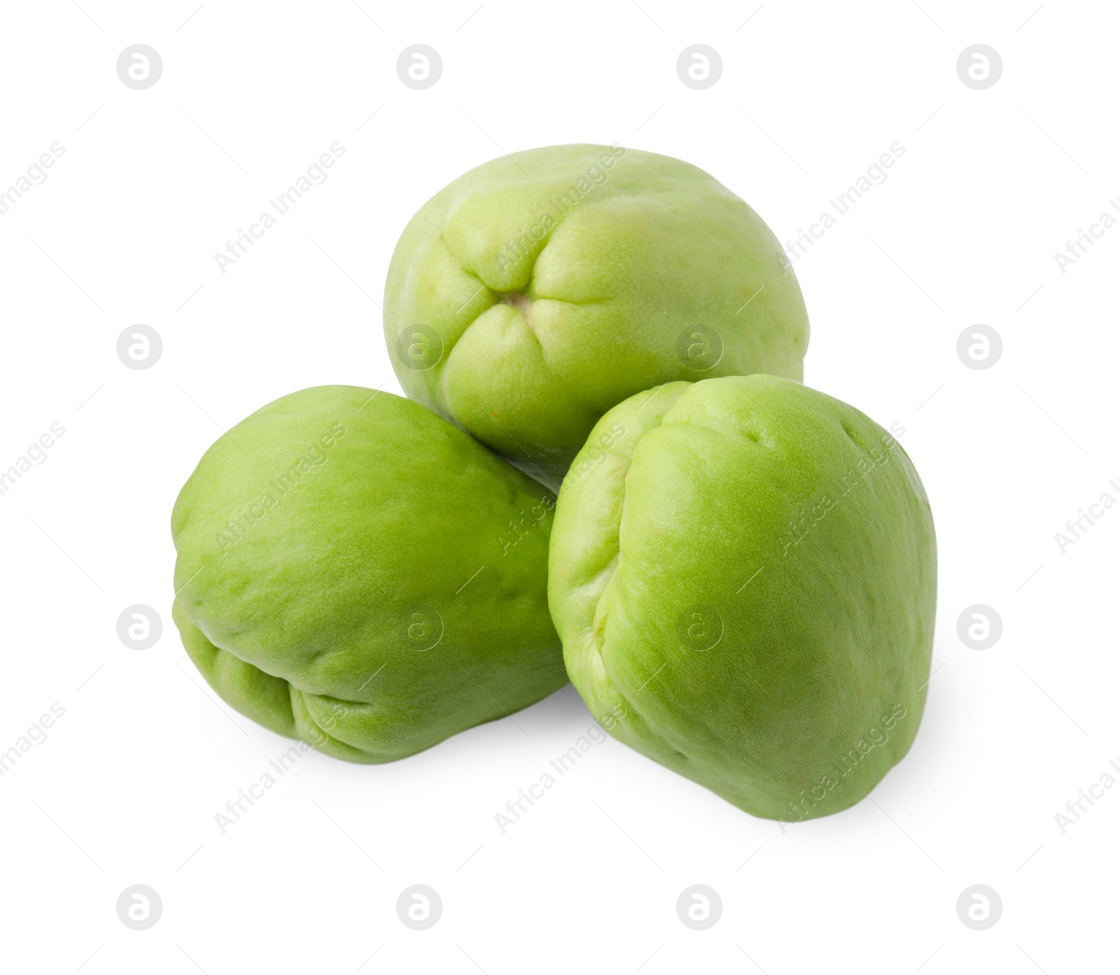 Photo of Many fresh green chayote isolated on white