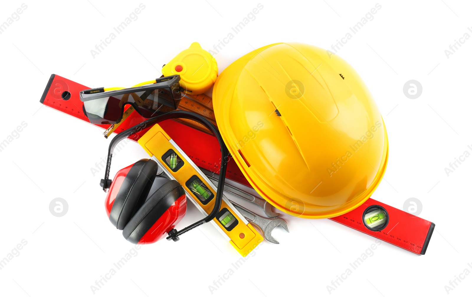 Photo of Different construction tools isolated on white, top view