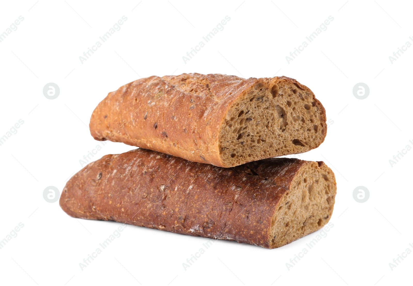 Photo of Pieces of fresh buckwheat baguette on white background