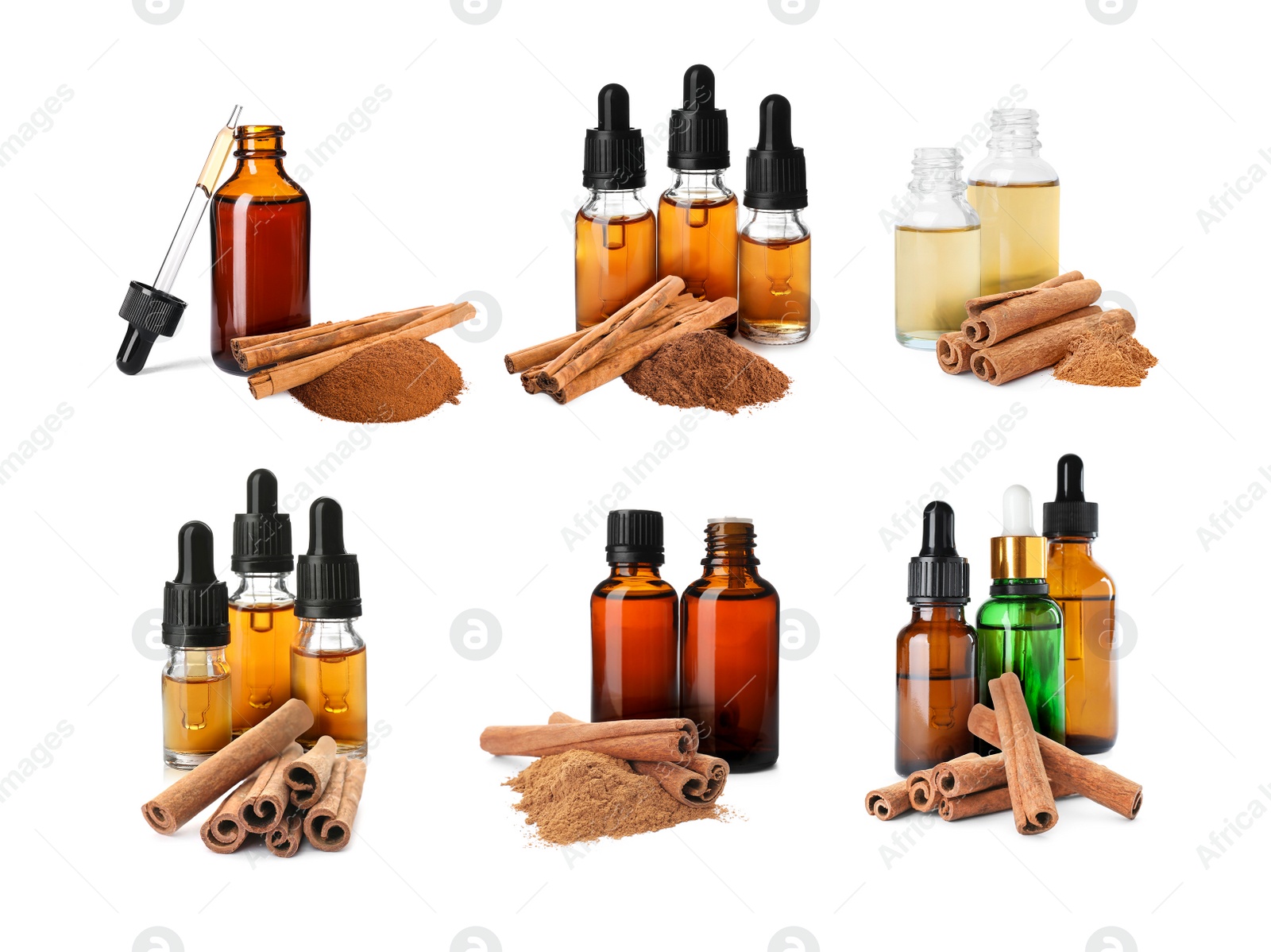 Image of Set with bottles of natural essential oil, dry cinnamon sticks and powder on white background