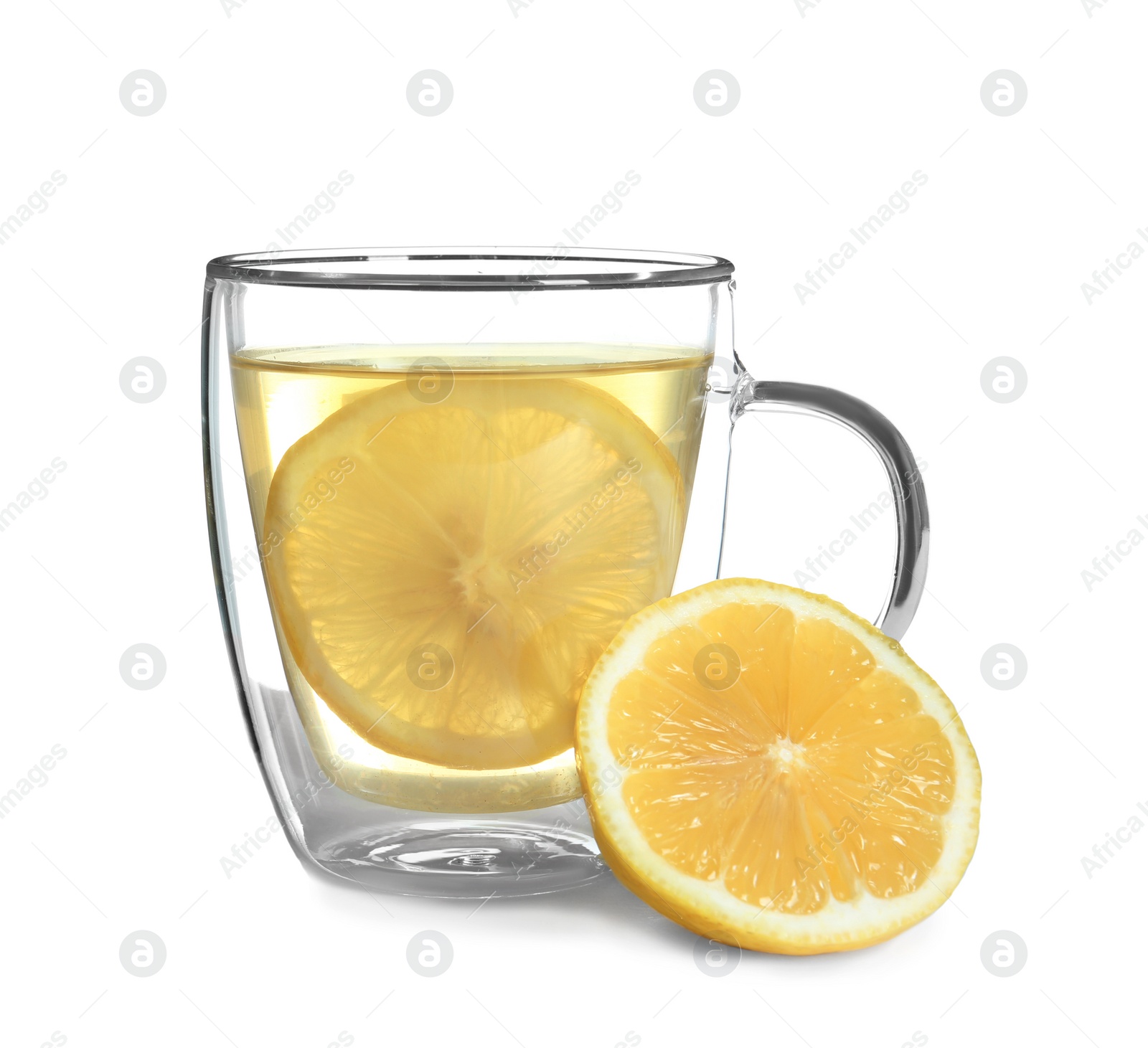 Photo of Glass cup with hot tea and lemon on white background