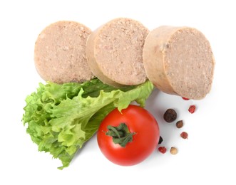 Photo of Delicious liverwurst with cherry tomato, lettuce and spices on white background, top view