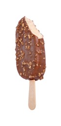 Delicious bitten chocolate-glazed ice cream bar isolated on white, top view