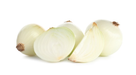 Fresh peeled onion bulbs on white background