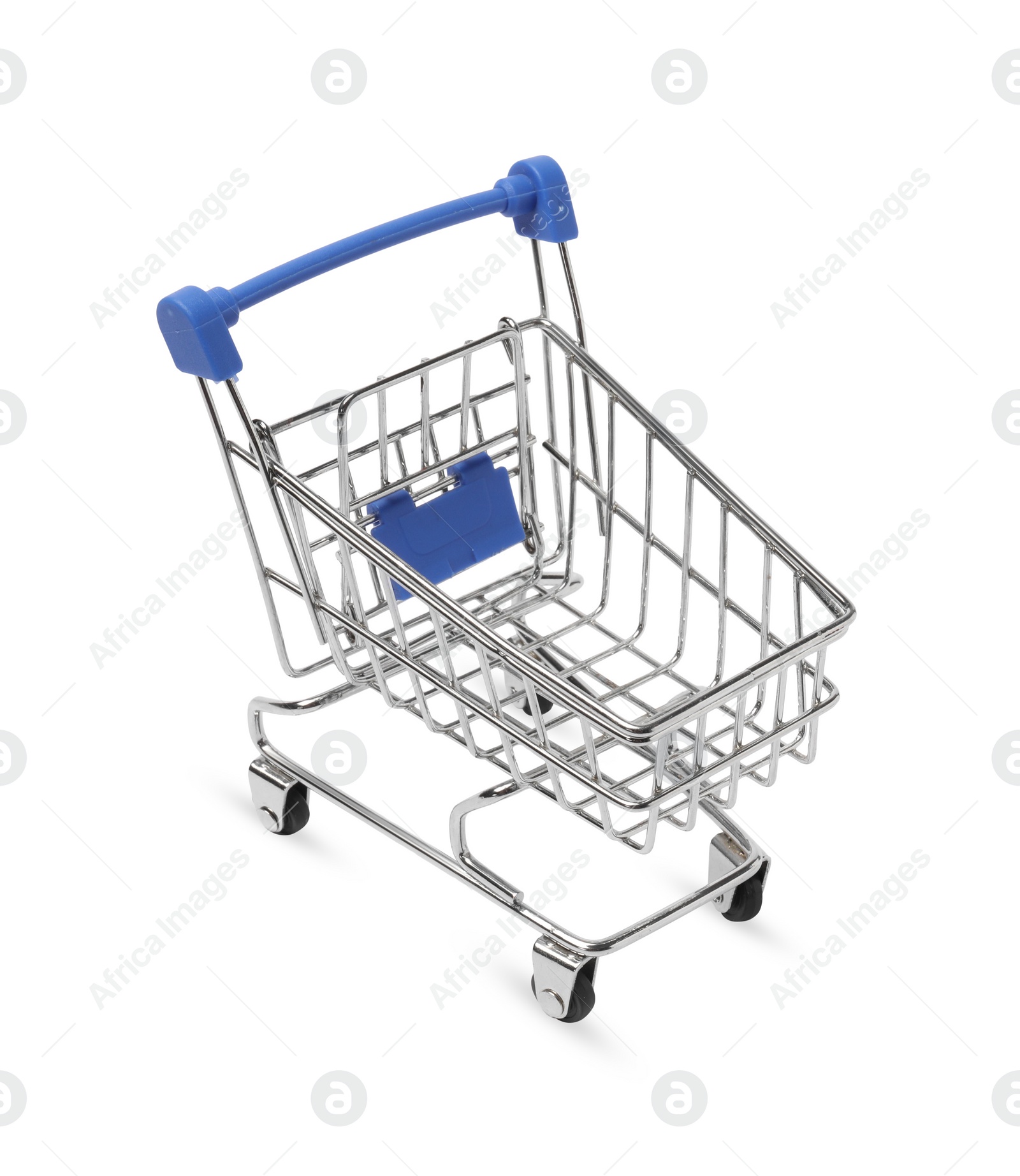 Photo of Empty mini metal shopping cart isolated on white