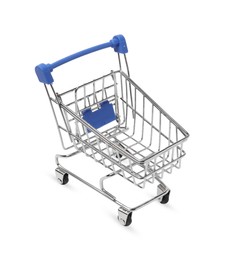 Photo of Empty mini metal shopping cart isolated on white